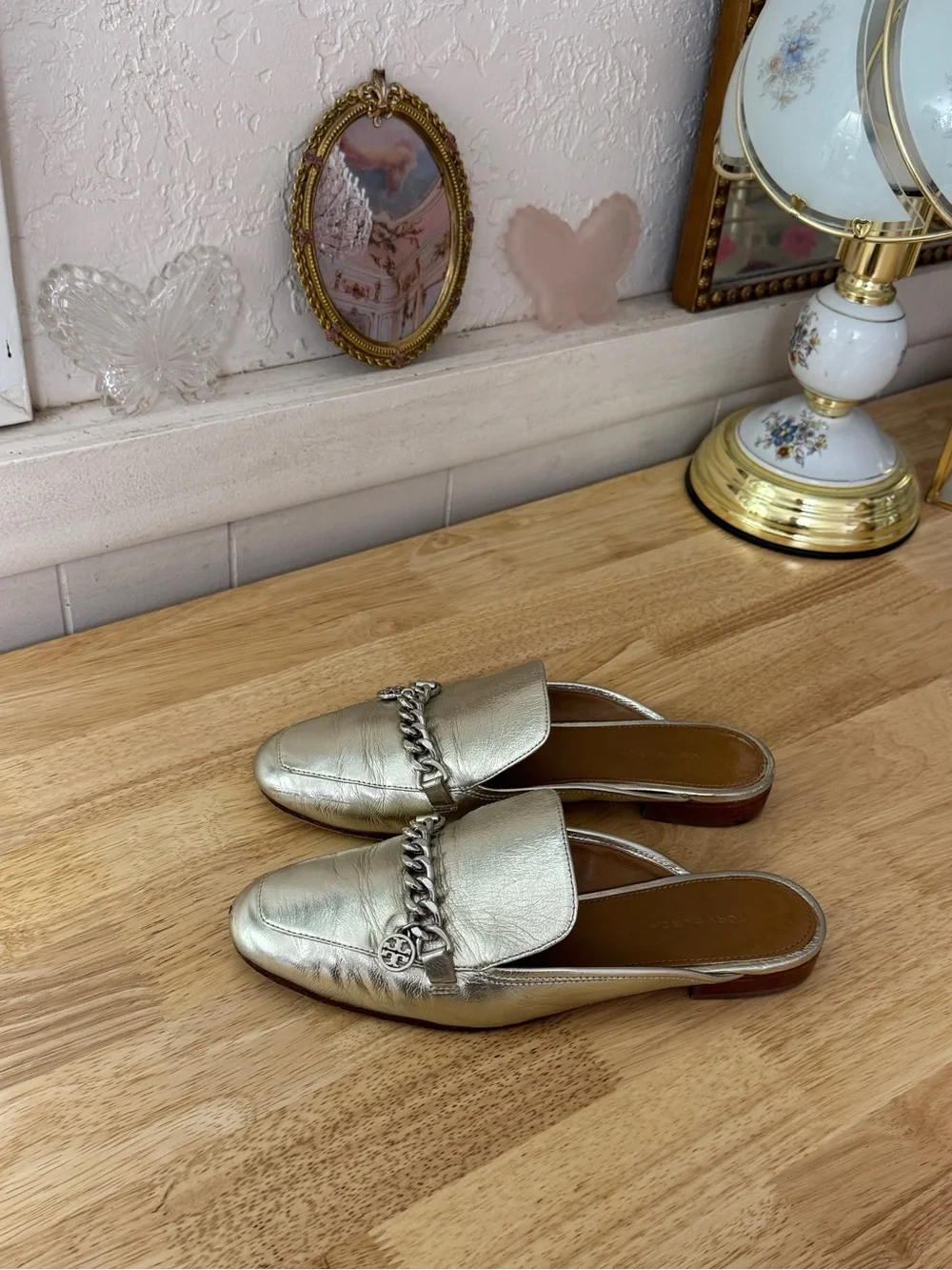 Tory Burch Metallic Silver Leather Chain Loafer Mules Size 7 Classic Minimalist